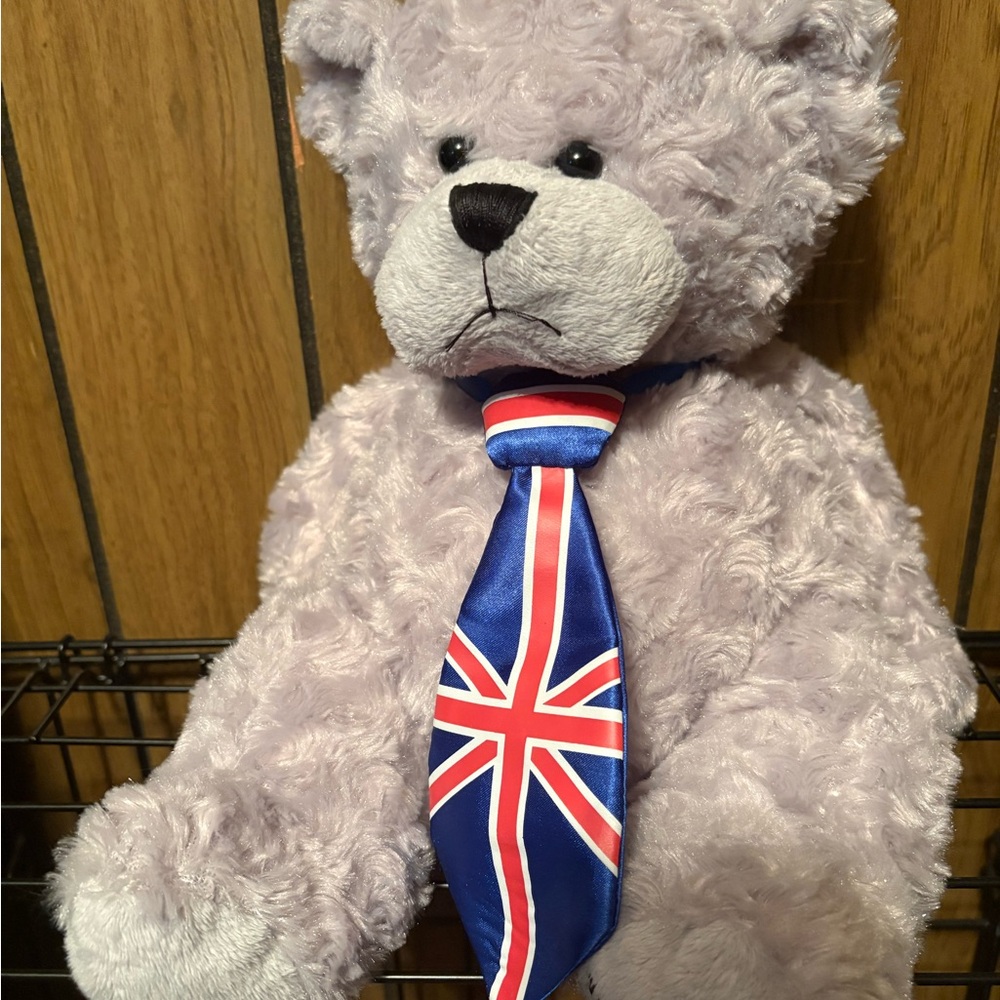 Tiffany & Co. Gray Plush Bear with Blue and Red Ribbon